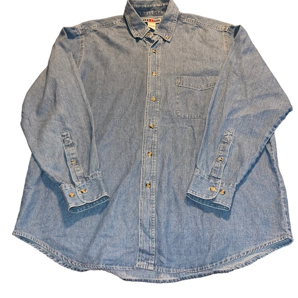 Vintage Jerzees Men’s Long Sleeve Denim Button Doen Shirt Embroidered Turkey Lg - Picture 1 of 4